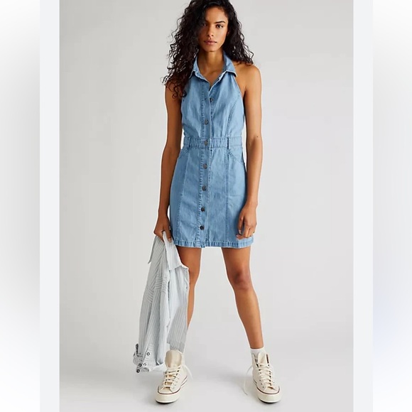 Free People Sami Light Blue denim chambray halter Mini Dress 51869 - Picture 3 of 16